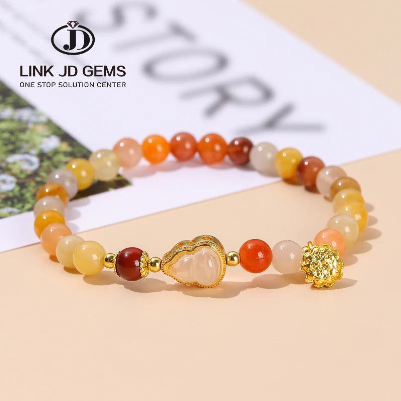 Natural Golden Silk Jade Lucky Feng Shui Gourd Bracelet (6mm)