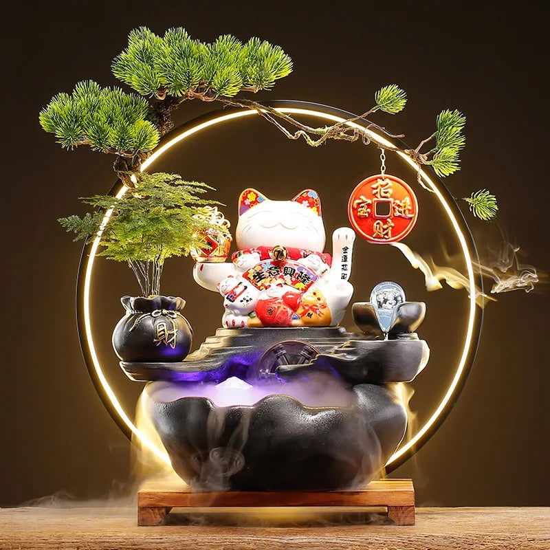 Lucky Cat Back-Flow Incense Holder & Waterfall Mist Maker With Ring Light Ornamental Set