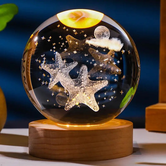 3D Laser Engraved 8cm Glass Crystal Ball Lamp (Starfish)