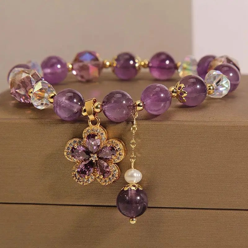 Natural Amethyst Zircon Charm Bracelet (10mm Beads)