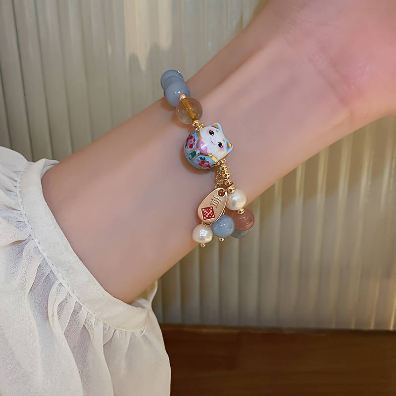 Crystal Blue Agate Lucky Cat Charm Bracelet (8mm)