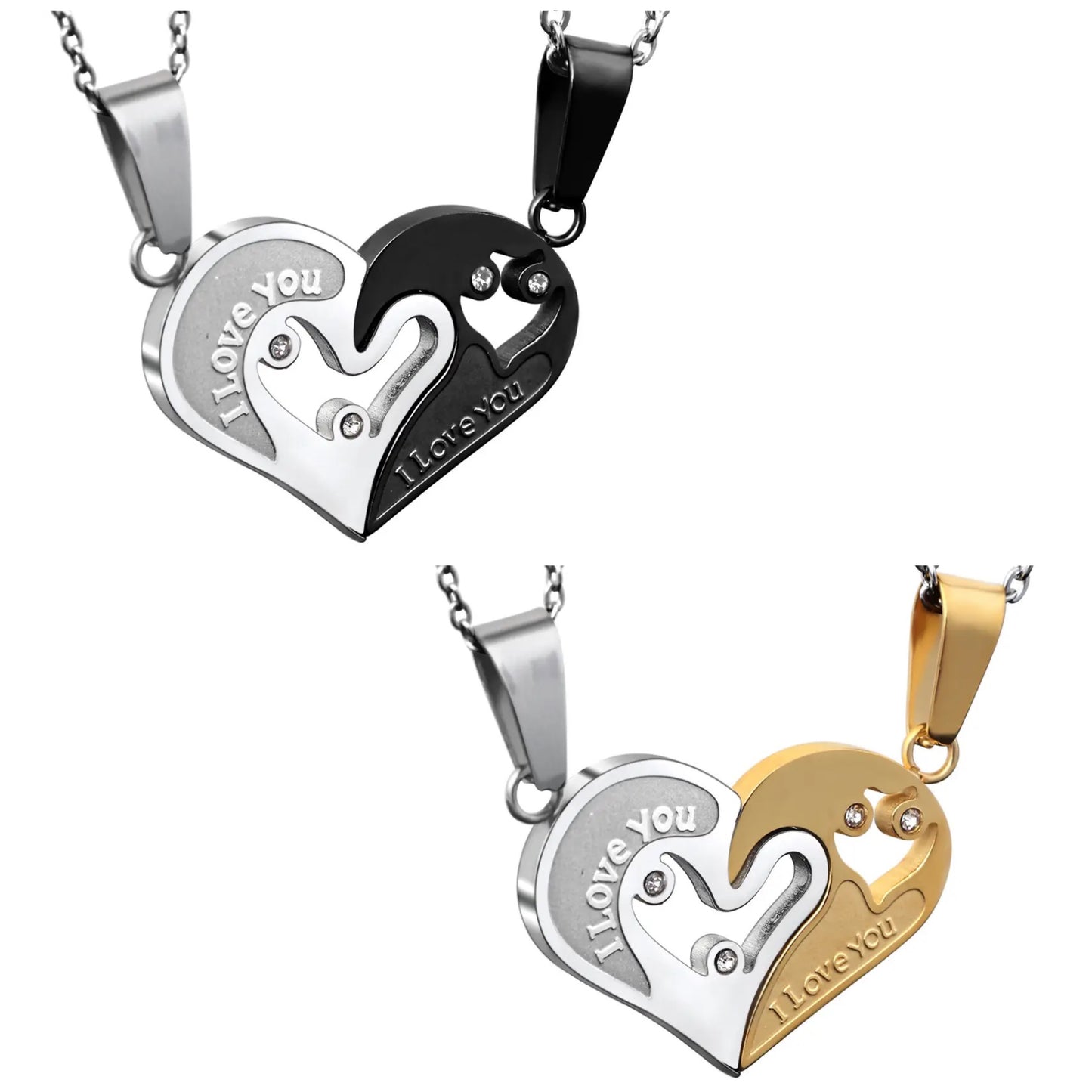 Stainless Steel “I Love You” Couples Distance Heart Necklace 2pc