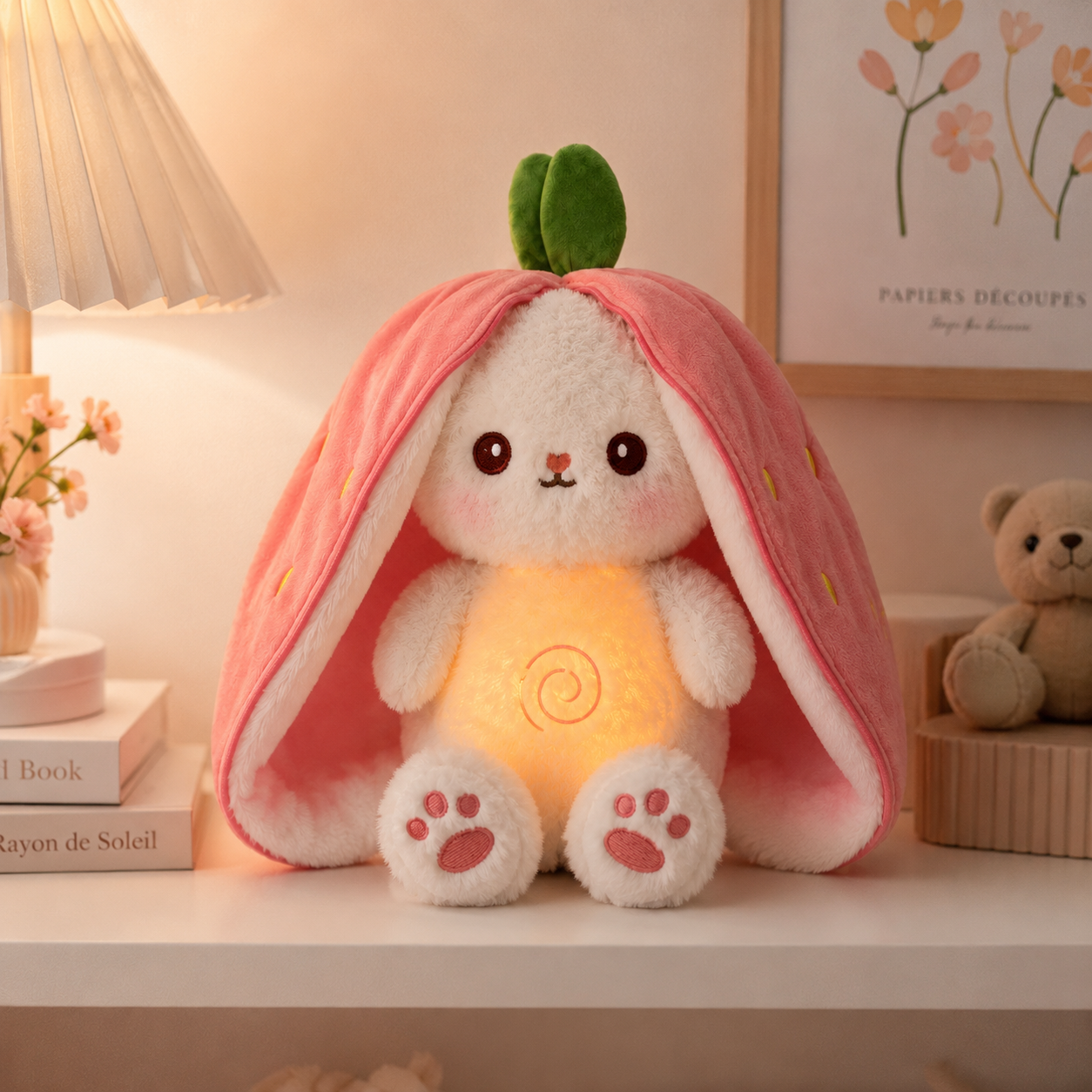 Strawberry Bunny Breathing Plush with Soothing Baby Music