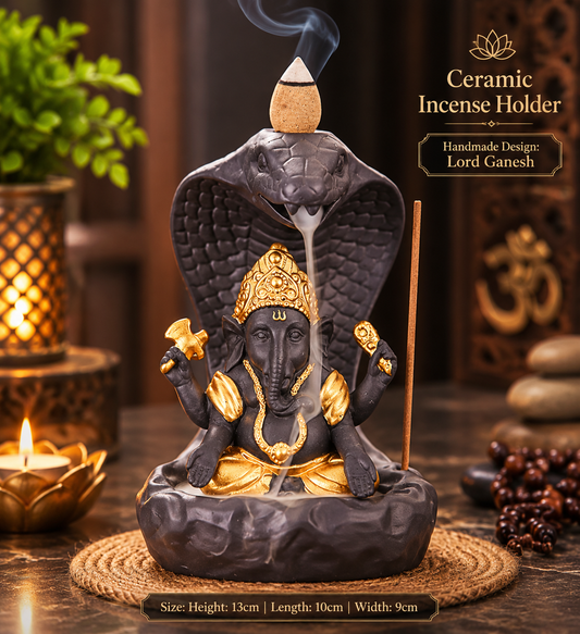 Ceramic Lord Ganesh on Cobra Snake Back Flow Incense Holder + 10 Free Incense Cones
