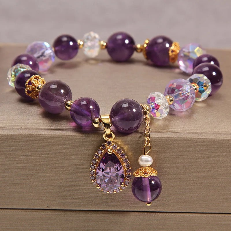 Natural Amethyst Zircon Charm Bracelet (8MM Beads)