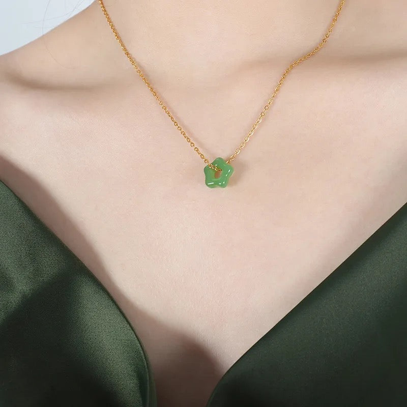 Dainty Lucky Jade Star + Stainless Steel Necklace