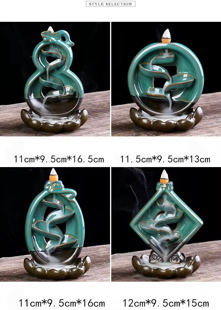 Ceramic Zen Style Chinese Back-Flow Incense Holder + 10 Free Incense Cones