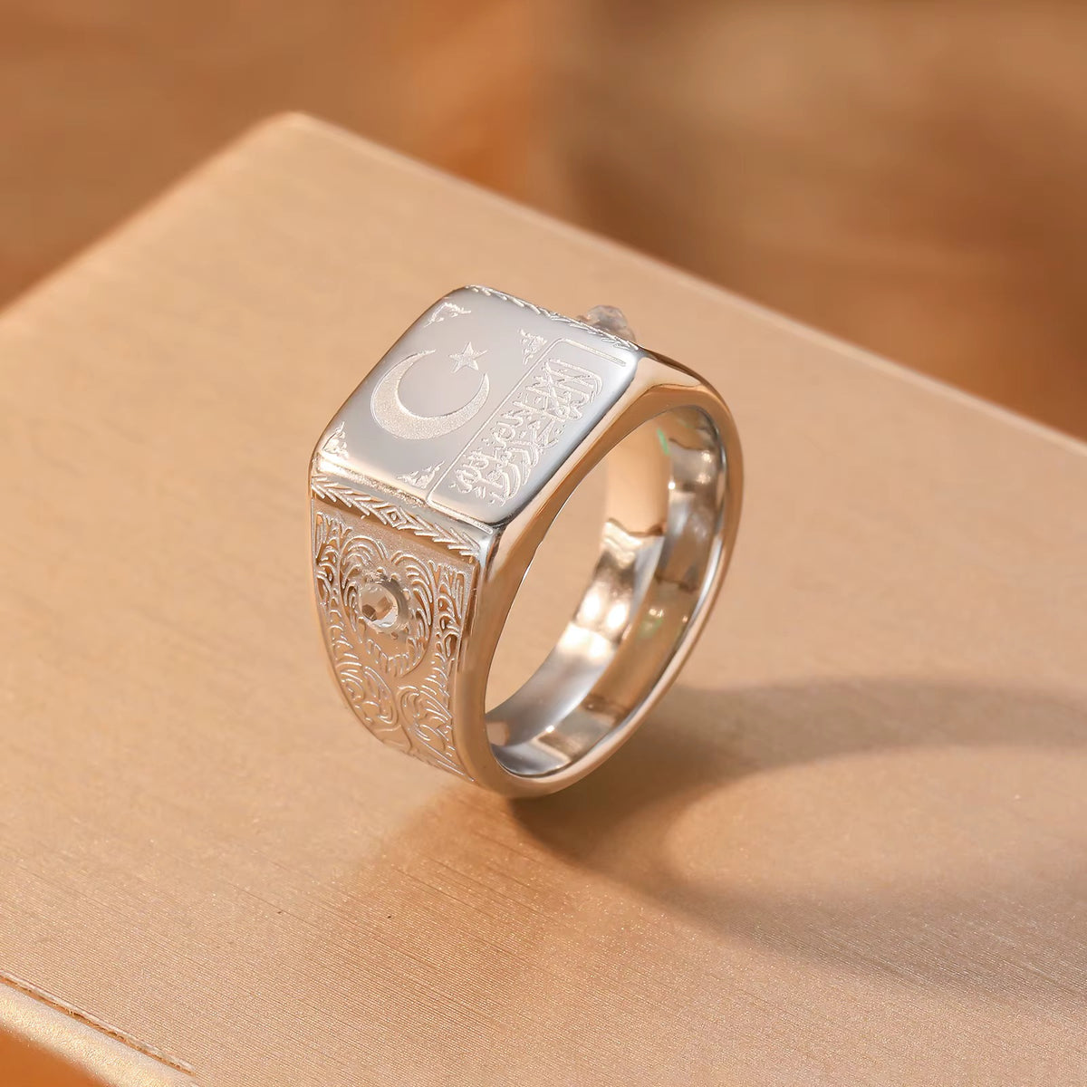 Shahada Crescent & Star Stainless Steel Signet Ring