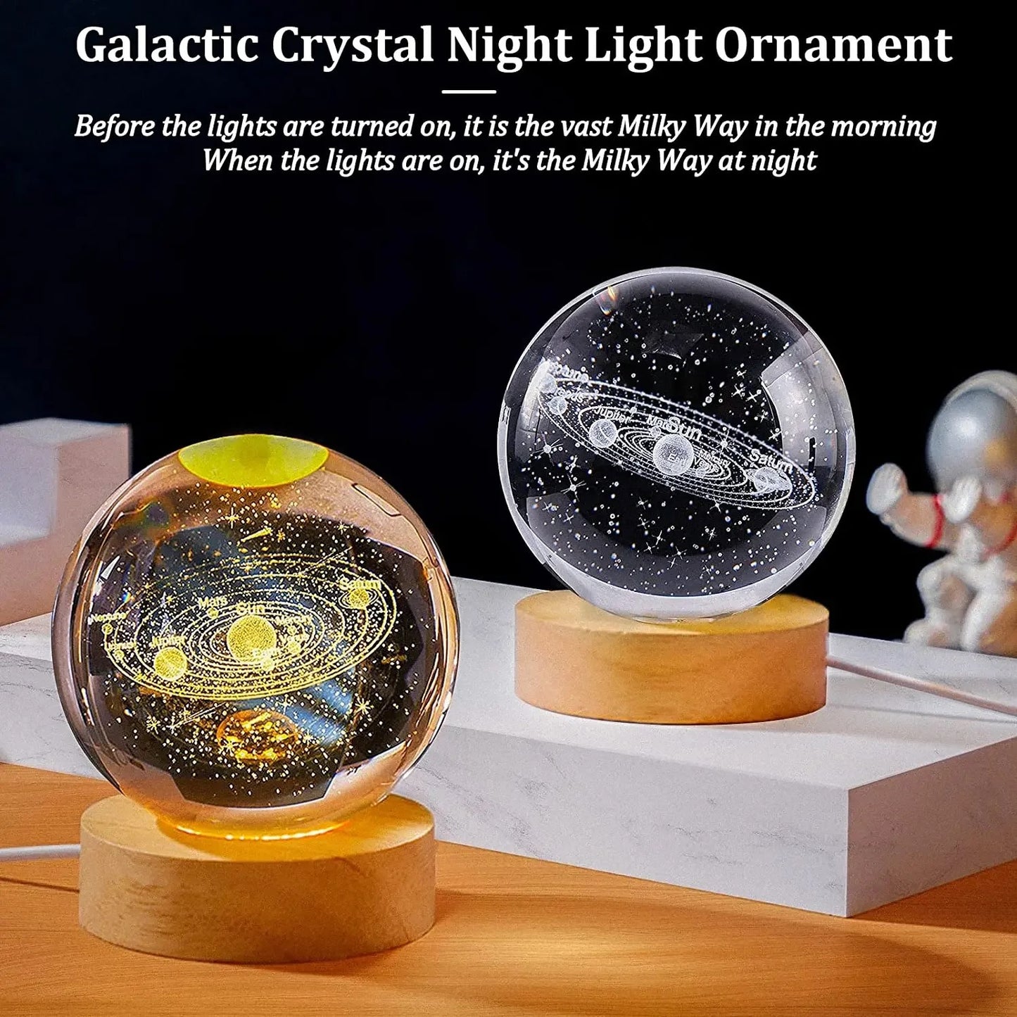 3D Laser Engraved Glass Crystal Ball Lamp Universe Astronomy Decor (Solar System)