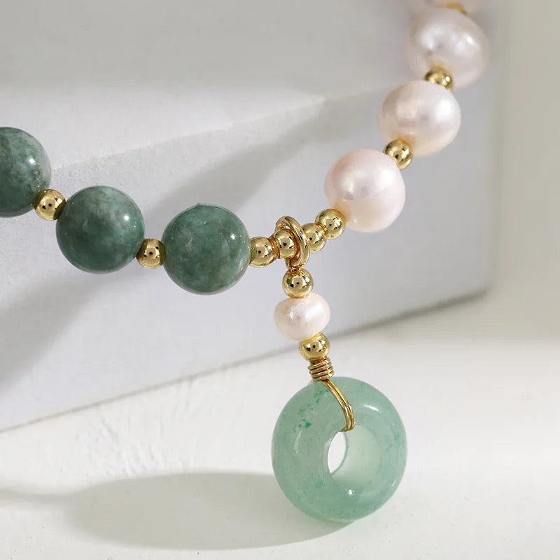 Jade + Fresh Water Pearl Donut Charm Bracelet (8MM)