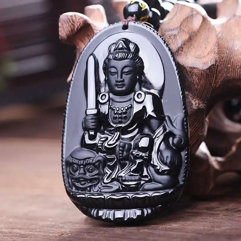 Bodhisattva Carved Obsidian Stone Adjustable Necklace