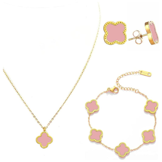 High Quality Stainless Steel Van Cleef Inspired Clover 3pc Set (Baby Pink)