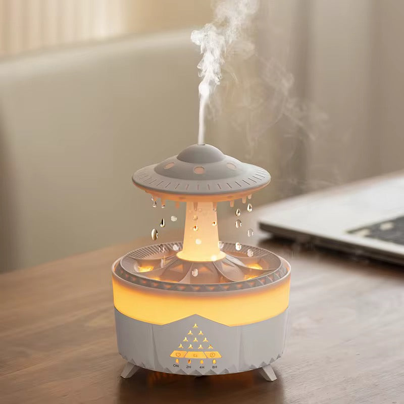 White UFO Rain Humidifier, 7-Color LED Aroma Diffuser + Remote Control