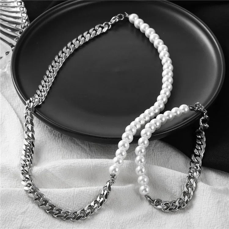 Stainless Steel Pearl Design Necklace & Bracelet 2pc Set