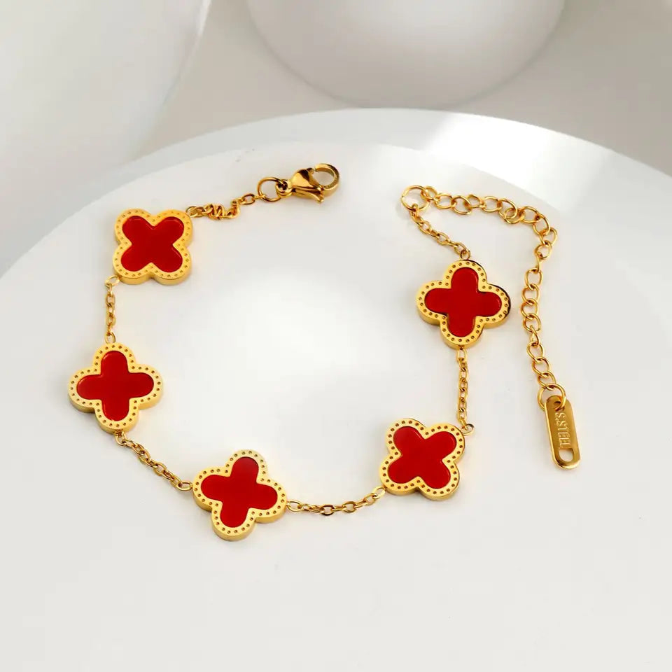 High Quality Stainless Steel Van Cleef Inspired Clover 3pc Set (Red)