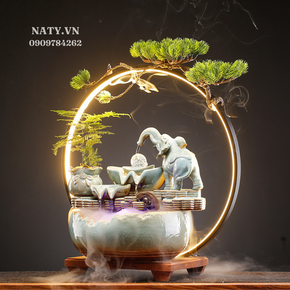 Feng Shui Elephant Crystal Ball Back-Flow Incense Holder & Waterfall Mist Maker with Ring Light Ornamental Set