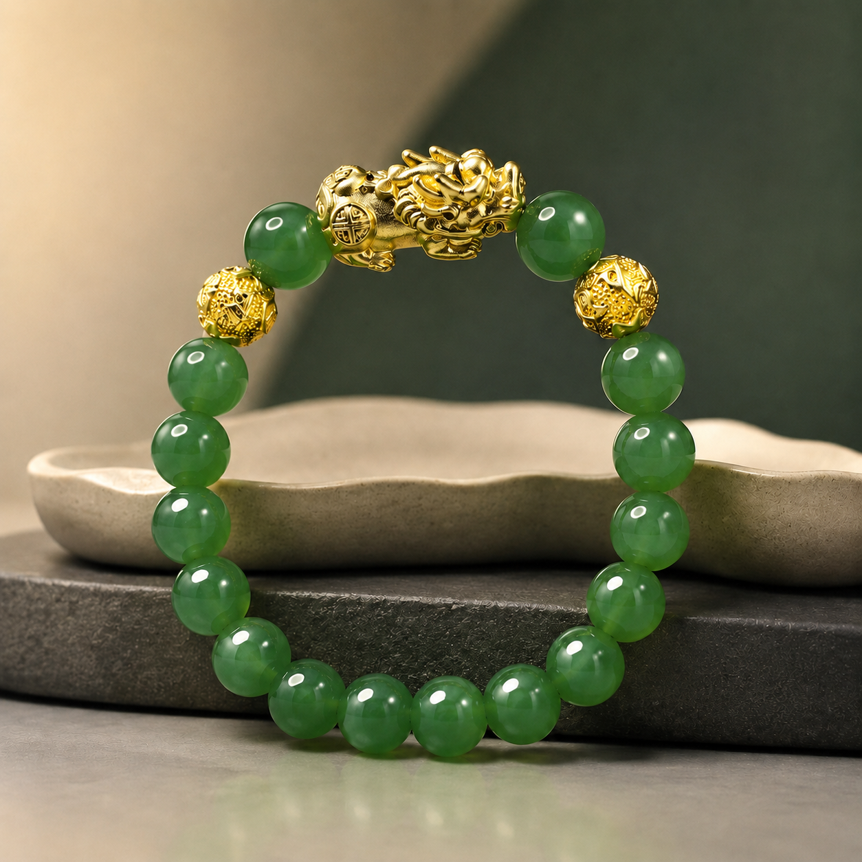 Feng Shui PiXiu Jade Wealth Bracelet 10mm (18k Gold Plated)