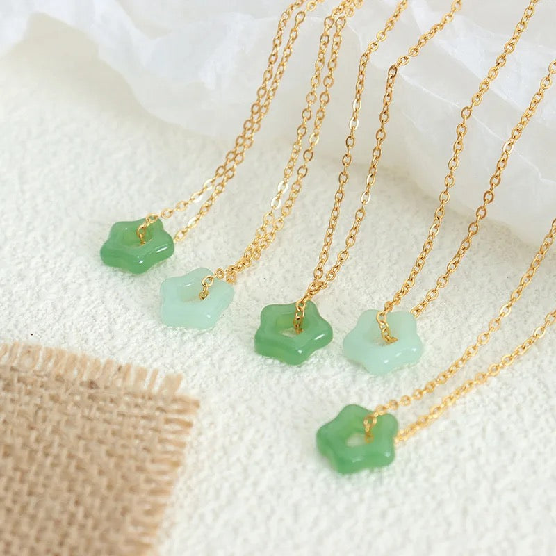 Dainty Lucky Jade Star + Stainless Steel Necklace