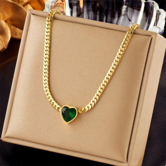 Stainless Steel Green Zircon Heart Necklace