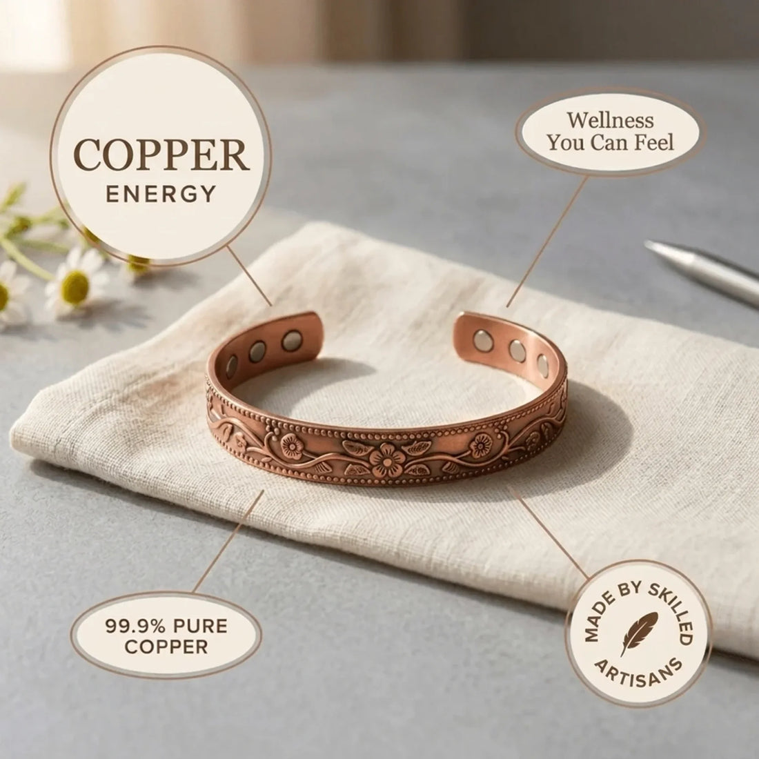 Adjustable Ultra Strength Pure Copper Magnetic Bracelet (99.99% Copper) Floral Design