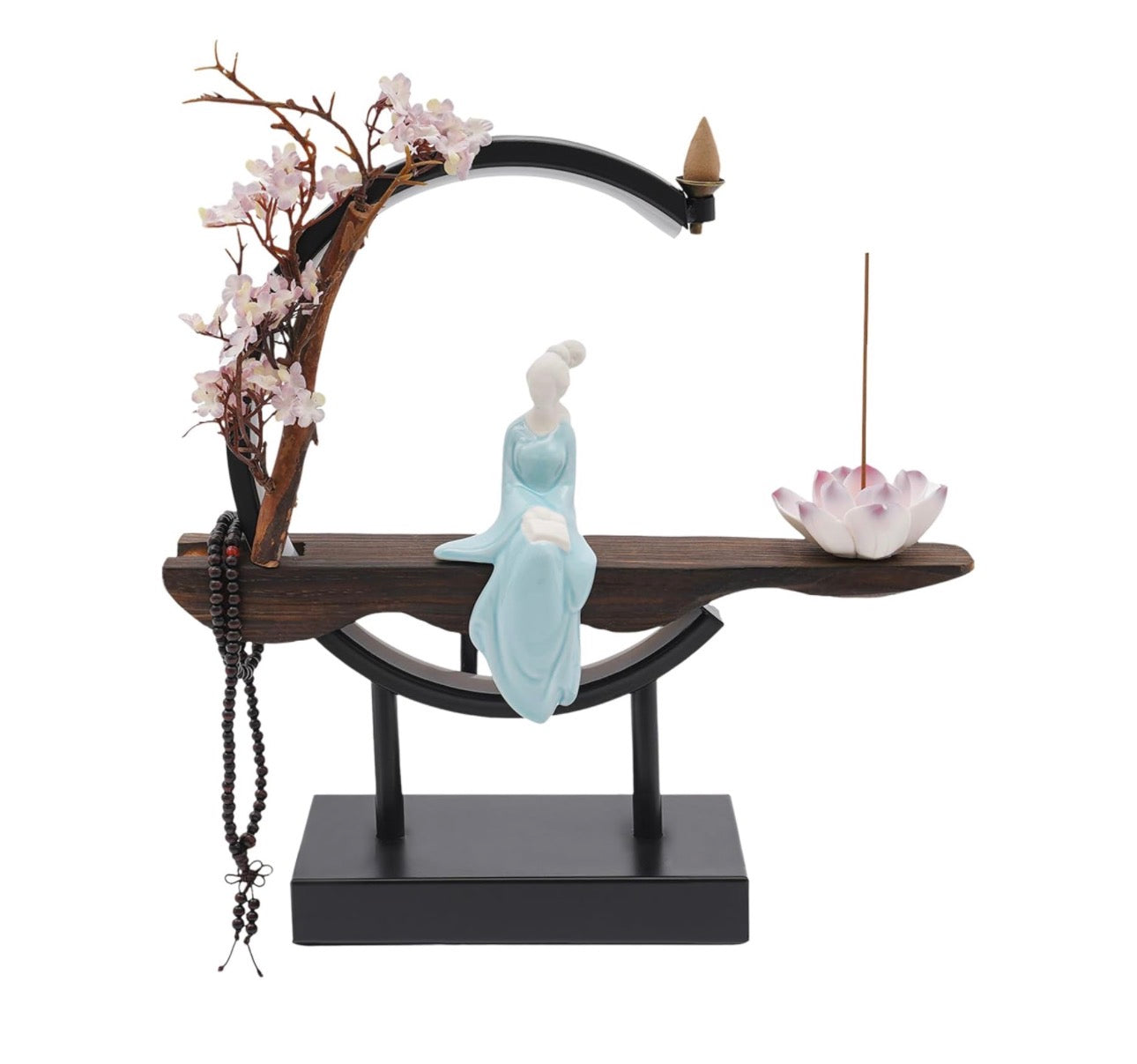 Buddha Back-Flow Incense Holder with Cherry Blossom Floral & Ring Light Ornamental Set