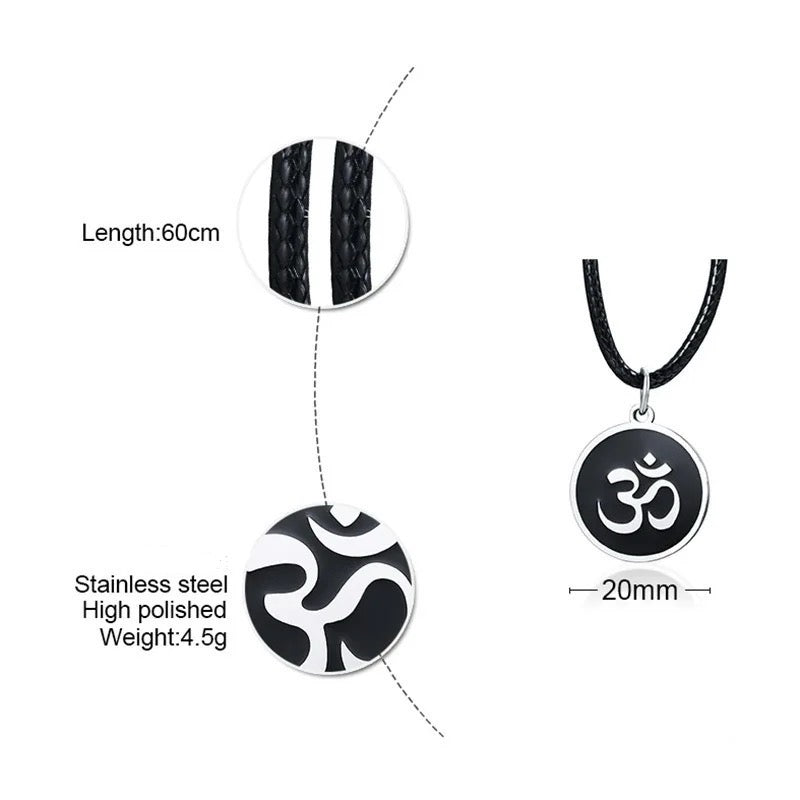 Stainless Steel “OM” Hindu Symbol Necklace + Black Leather Chain