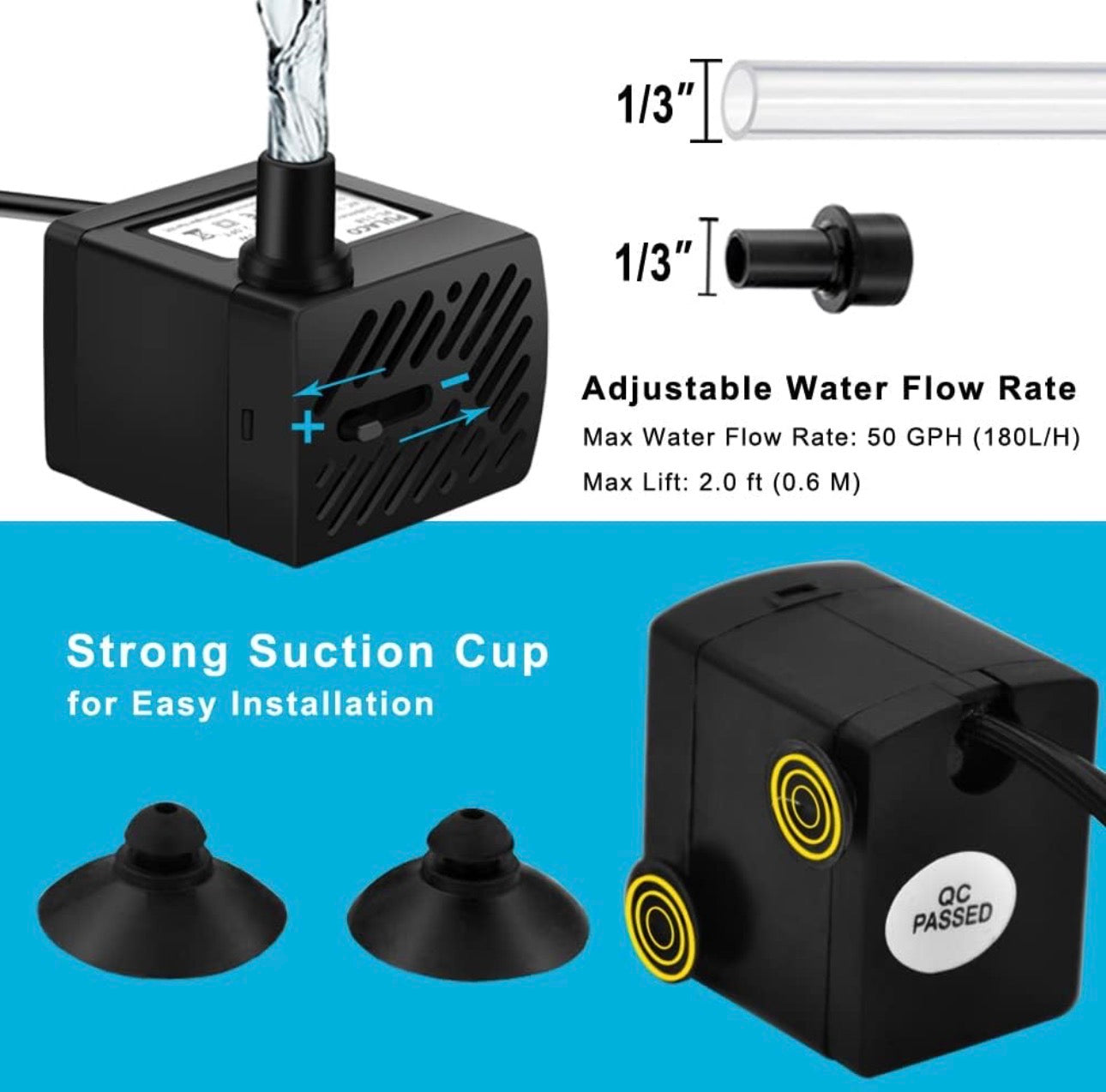 Mini Water Fountain Pump (50GPH 3W), Ultra Quiet Submersible Water Pump