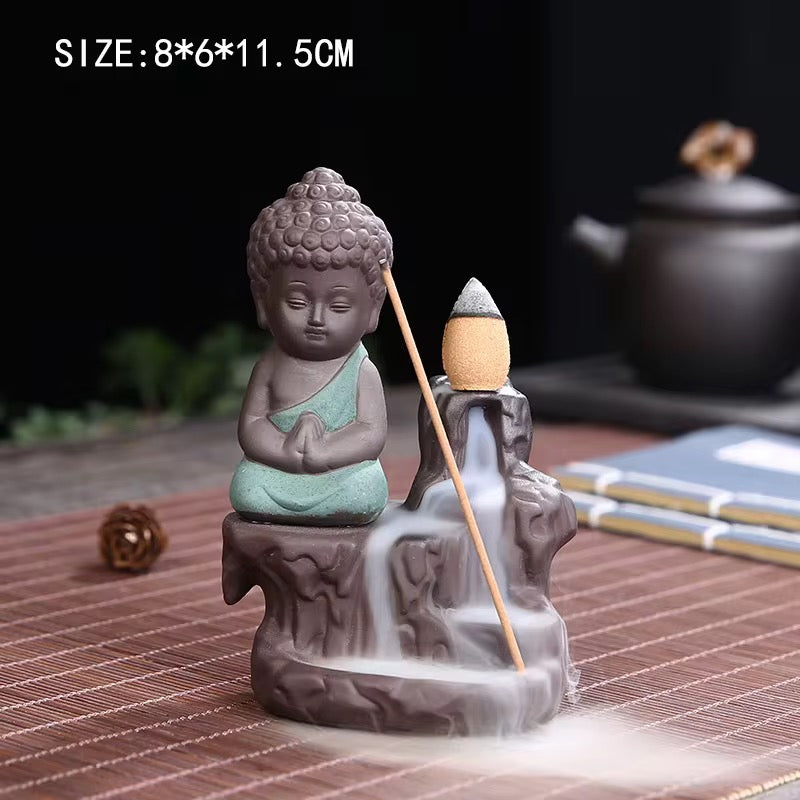 Ceramic Mini Buddha Designed Back-Flow Incense Holder + 10 Free Incense Cones