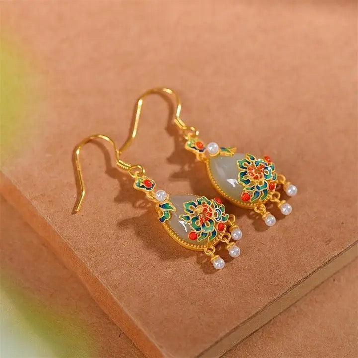 S925 Silver 24k Gold Plated Natural White Jade Teardrop Earrings