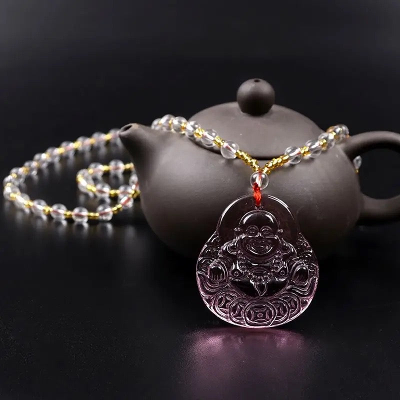 Large Buddha Pink Crystal Necklace