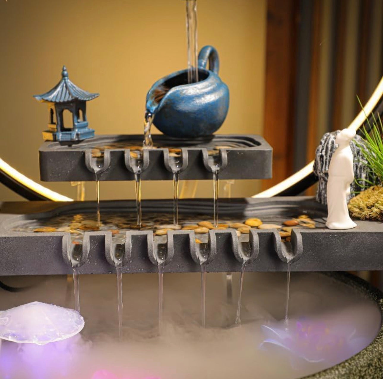 Feng Shui Teapot Back-Flow Incense Holder & Waterfall Mist Maker with Ring Light Ornamental Set