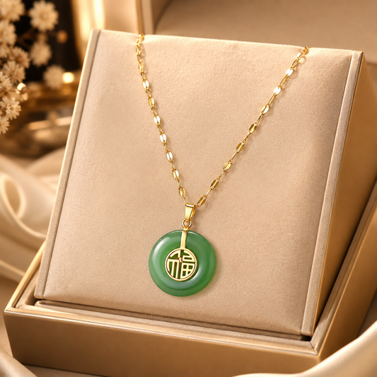 Stainless Steel Chinese-Style Jade Blessings Necklace