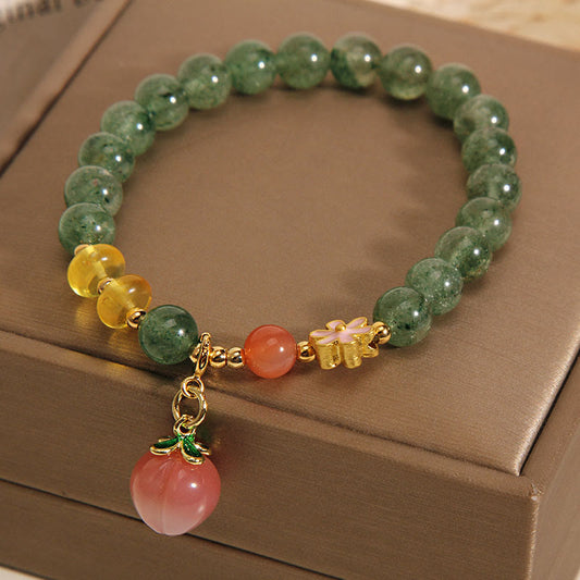 Natural Green Strawberry Quartz Love Peach Charm Bracelet (6mm)