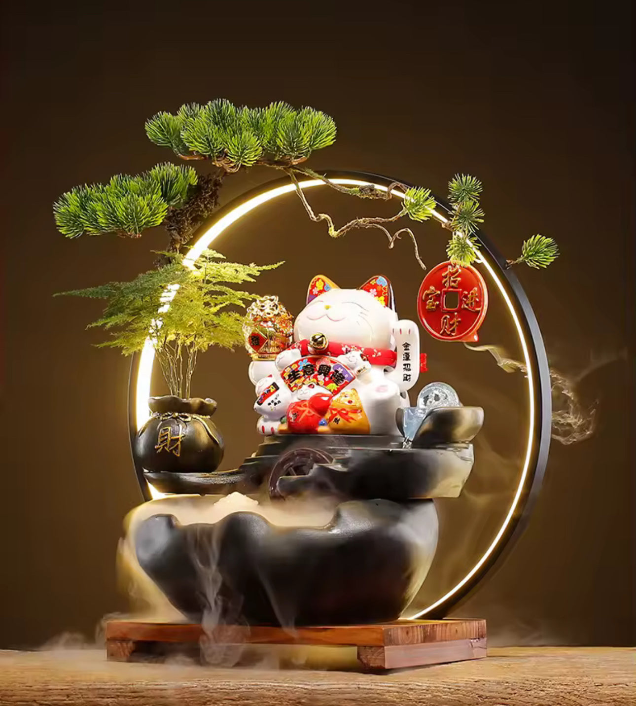 Lucky Cat Back-Flow Incense Holder & Waterfall Mist Maker With Ring Light Ornamental Set