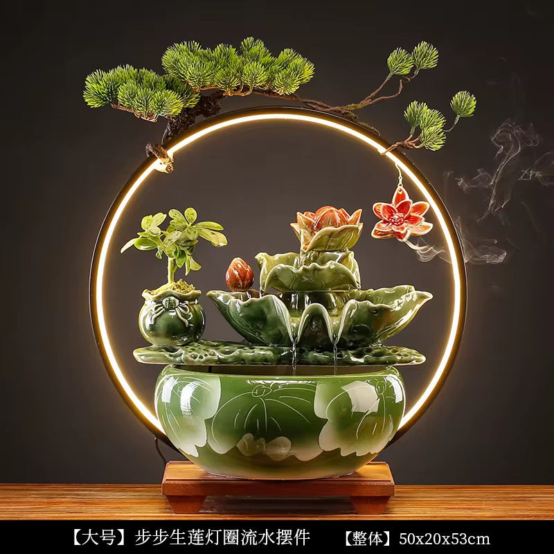 Feng Shui Green Lotus Back-Flow Incense Holder & Waterfall Mist Maker with Ring Light Ornamental Set