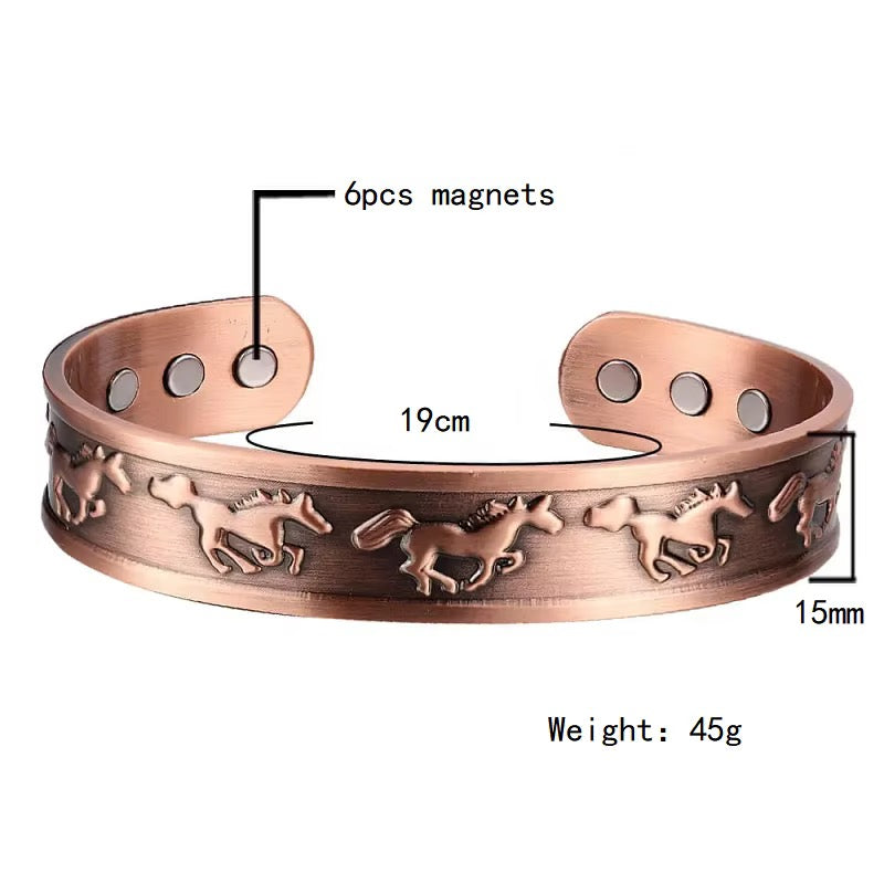 Adjustable Ultra Strength Pure Copper Magnetic Bracelet & Ring Set  (99.99% Copper) Embossed Running Horse Design