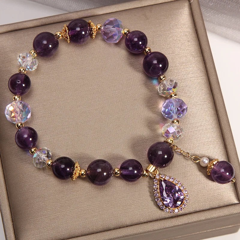 Natural Amethyst Zircon Charm Bracelet (8MM Beads)