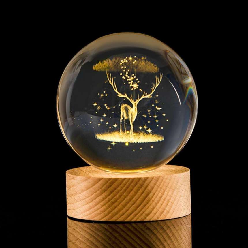 3D Laser Engraved 8cm Glass Crystal Ball Lamp (Reindeer)