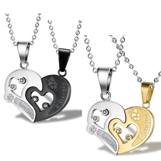 Stainless Steel “I Love You” Couples Distance Heart Necklace 2pc