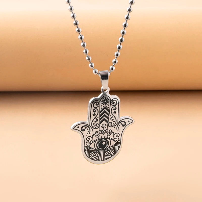 Stainless Steel Evil Eye Hamsa Hand Necklace