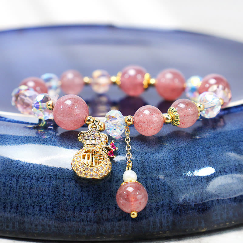 Natural Strawberry Quartz Crystal Money Bag Charm Positive Bracelet (8mm)
