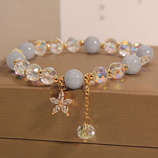 Serenity and Healing Natural Aquamarine Crystal Zircon Flower Bracelet Aquamarine Charm Bracelet (8mm)