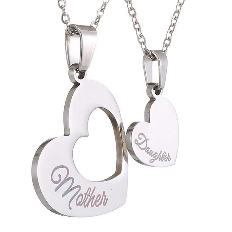 Stainless Steel Mother & Daughter Engraved Heart Necklace 2pc