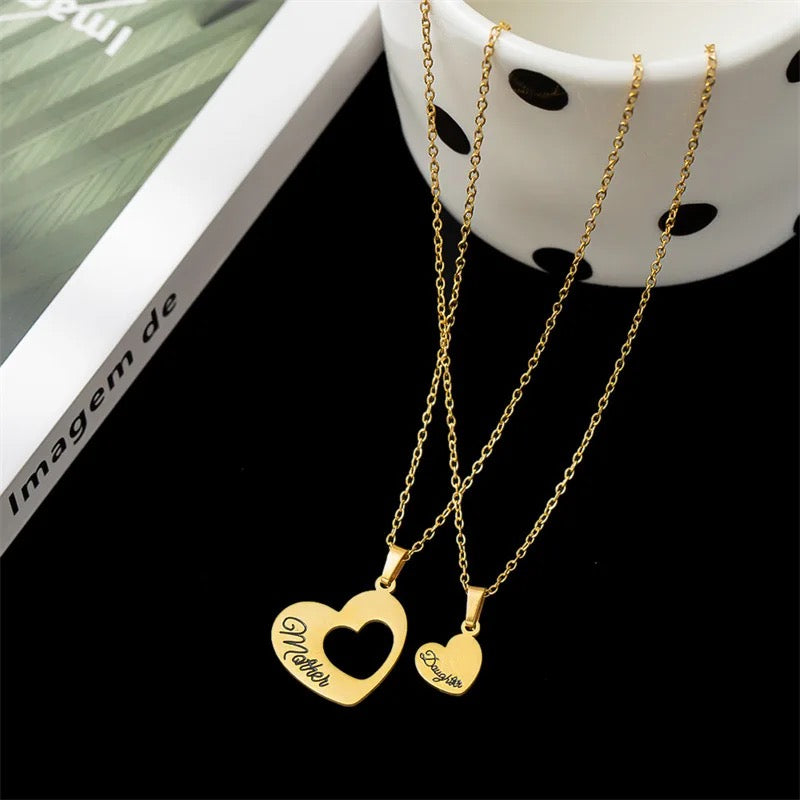 Stainless Steel Mother & Daughter Engraved Heart Necklace 2pc