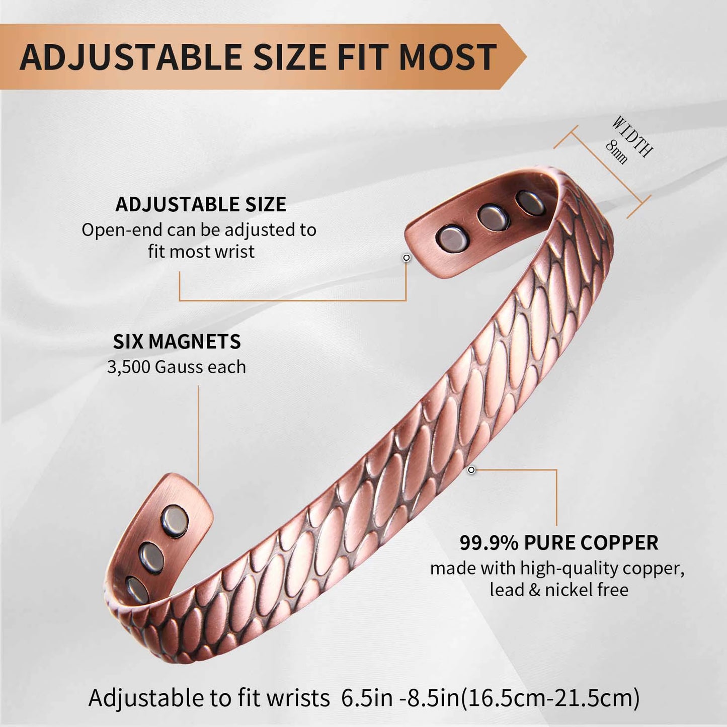 Adjustable Ultra Strength Pure Copper Magnetic Bracelet (99.99% Copper) Intricate Scale  Design