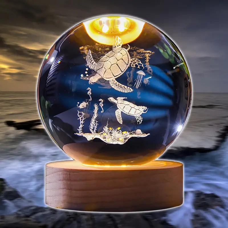 3D Laser Engraved 8cm Glass Crystal Ball Lamp Sea Decor (Sea Turtles)