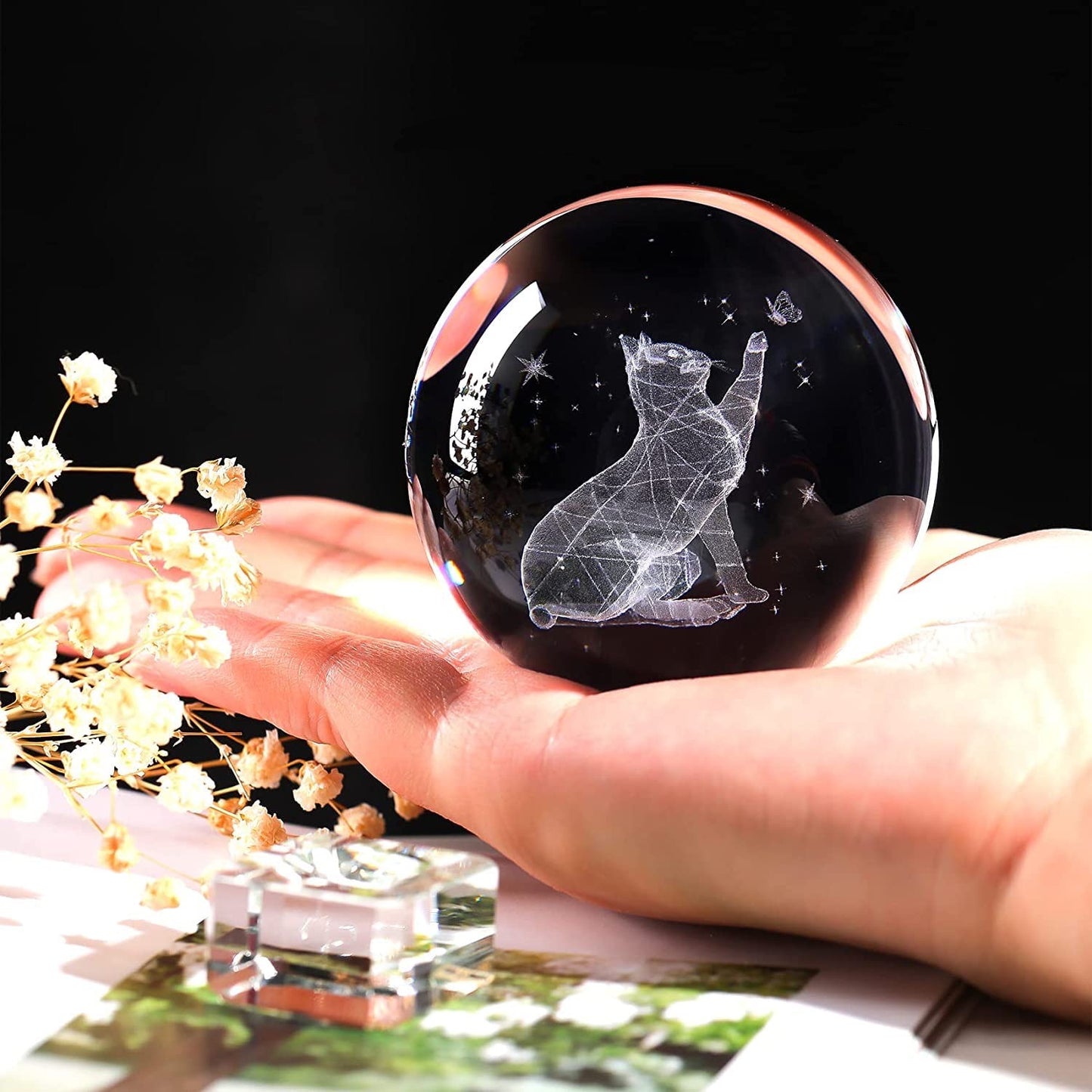 3D Laser Engraved 8cm Glass Crystal Ball Lamp (Cat Playing with Butterfly)