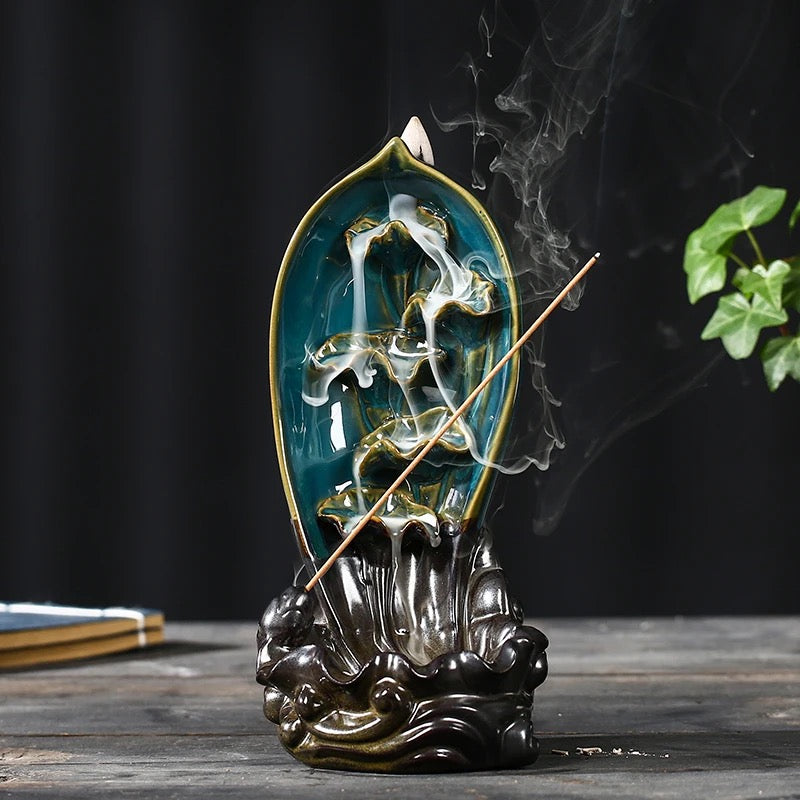 Fountain Koi Pond Designed Back-Flow Incense Holder + 10 Free Incense Cones