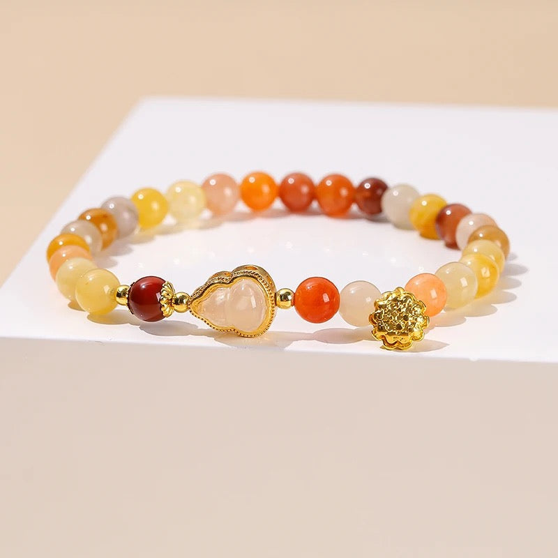 Natural Golden Silk Jade Lucky Feng Shui Gourd Bracelet (6mm)