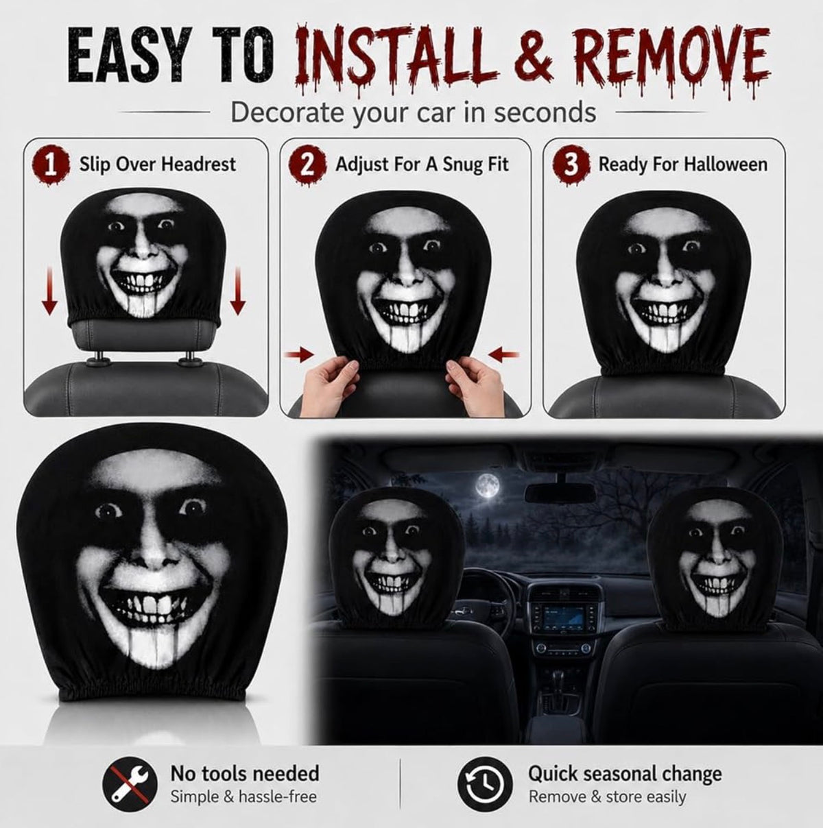 Halloween Scary Face Car Headrest Covers – 2 Piece Set